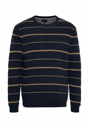 Marineblauer Pullover mit horizontalen beigen Streifen, geripptem Hals- und Ärmelbündchen, aus weichem, strukturiertem Stoff. Standardpassform.