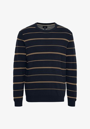 Navy zils džemperis ar horizontālām gaiši brūnām svītrām, ribotām apkaklēm un aprocēm, izgatavots no mīksta, tekstūrēta auduma. Standarta piegriezuma dizains.