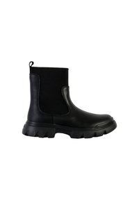 Botines negros de cuero con un panel de tejido elástico. Suela gruesa con un patrón en forma de sierra, diseñada para un ajuste ceñido.