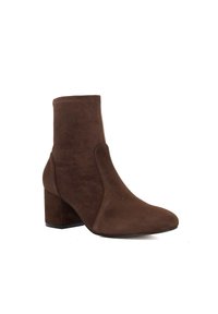 Brown suede ankle boots with a square toe and block heel. Smooth texture, seamless design, and mid-height shaft for added coverage.