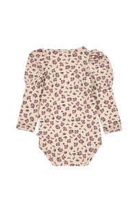 Body in crema a maniche lunghe con motivo floreale in rosa e nero. Presenta maniche a sbuffo e chiusura a scatto sul fondo.