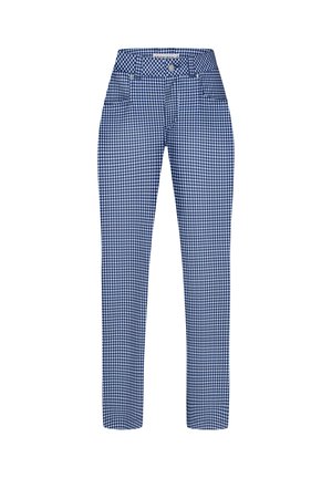 Pantalones con diseño ajustado y patrón de cuadros vichy azul y blanco, que cuentan con una cinturilla, dos bolsillos frontales y cierre con botón.