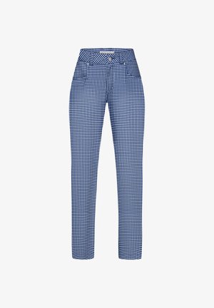 Pantalones con diseño ajustado y patrón de cuadros vichy azul y blanco, que cuentan con una cinturilla, dos bolsillos frontales y cierre con botón.