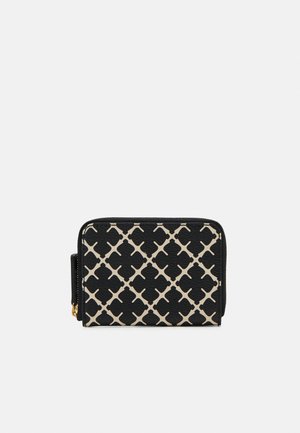 Black wallet featuring a beige geometric pattern with a textured surface. Zipper closure with gold-tone hardware. Compact rectangular shape.