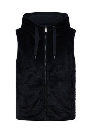 Veste en fausse fourrure noire avec capuche, fermeture éclair à l'avant et accents à cordon de serrage. Présente une surface douce et texturée ainsi qu'un design sans manches.
