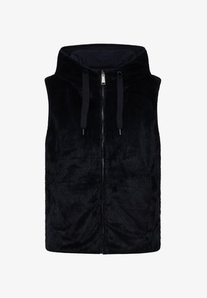 Gilet in faux fur nero con cappuccio, chiusura anteriore con zip e dettagli con stringhe. Presenta una superficie morbida e texturizzata e un design senza maniche.