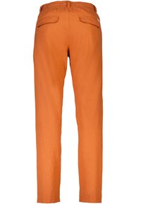 Oranssit kevyet housut, joissa on sileä rakenne, joustava vyötärö ja kaksi takataskua. Suunniteltu suoralahkeiseksi.