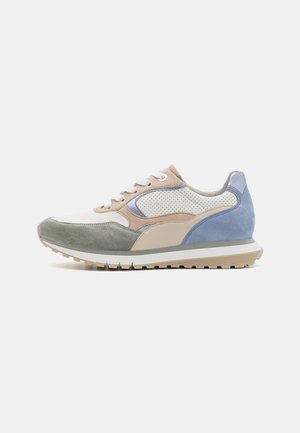 Multicolored sneaker with grey, beige, and blue suede panels. Features mesh accents, white laces, and a textured rubber sole.