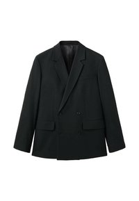 Blazer nero doppiopetto realizzato in tessuto morbido con rever a taglio, due tasche frontali e chiusure a bottoni. Design su misura e strutturato.