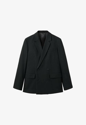 Czarna marynarka dwurzędowa wykonana z gładkiej tkaniny, z klapami, dwoma przednimi kieszeniami i zapięciem na guziki. Dopasowany, ustrukturyzowany krój.