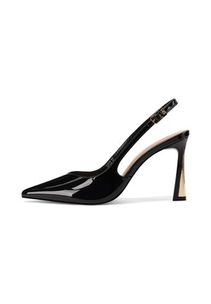 Décolleté slingback in vernice nera con punta affilata, caratterizzate da un tacco elegante con accenti dorati per un tocco moderno.