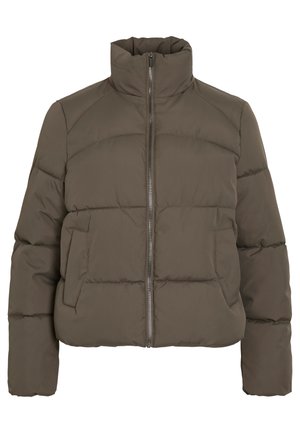 Prošívaná bunda v tmavě olivové barvě, s vysokým límcem, zapínáním na přední zip a dvěma bočními kapsami; celoplošná prošívaná textura.