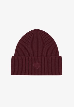 Burgundy knitted beanie with a ribbed texture, featuring a small embroidered heart on the front and a folded cuff at the bottom.