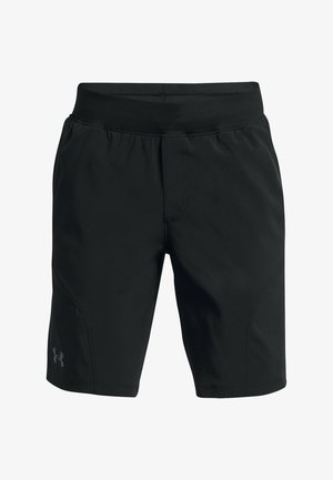 Black athletic shorts made of lightweight fabric. Features a smooth waistband and subtle stitching, with a logo on the left side.