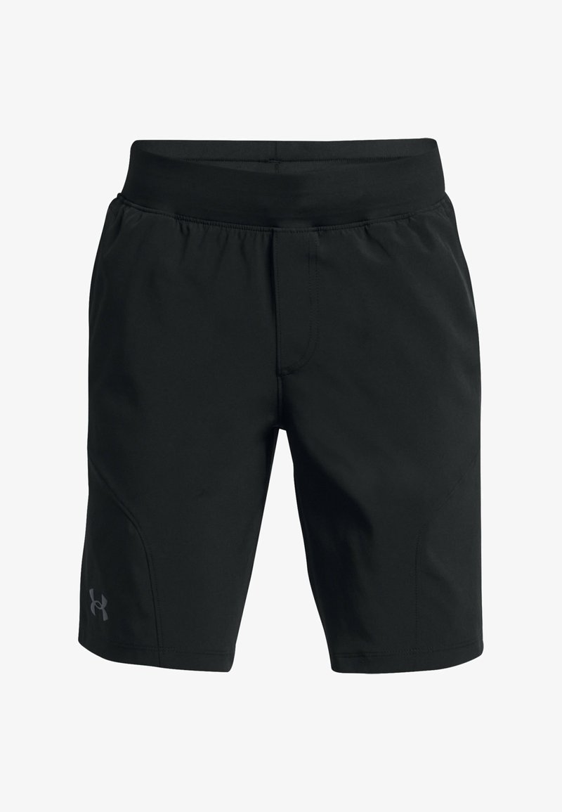 Black athletic shorts made of lightweight fabric. Features a smooth waistband and subtle stitching, with a logo on the left side.