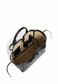 Schwarze Lederhandtasche mit zwei Griffen, glatter Textur, beiger Innenauskleidung, mehreren Fächern und minimalistischem Design.