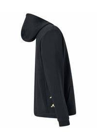 Felpa nera con cappuccio, dotata di tasca frontale, polsini a coste e dettaglio del logo dorato sul lato, realizzata in morbido tessuto testurizzato.