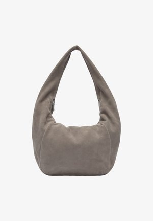 Weiche graue Wildleder-Hobo-Tasche mit abgerundeter Silhouette, gepolstertem Körper und breitem Schulterriemen. Verfügt über einen Reißverschluss zum Schutz.
