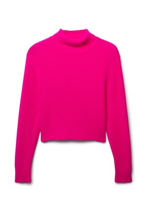 Maglione corto fucsia con colletto alto, maniche lunghe e un motivo lavorato a maglia testurizzato. Materiale morbido con dettagli a coste all'orlo.