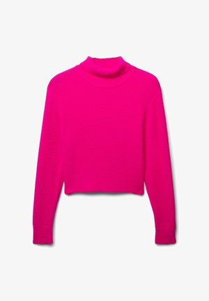 Maglione corto fucsia con colletto alto, maniche lunghe e un motivo lavorato a maglia testurizzato. Materiale morbido con dettagli a coste all'orlo.