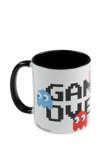Tazza con esterno bianco, interno e manico neri, decorata con fantasmi pixelati in blu, rosa e rosso, con il testo "GAME OVER" in grassetto nero.