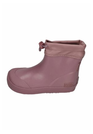 Pink rubber ankle boots with rounded toe, textured soles, and a foldable cuff featuring a drawstring for snug fit. Brand logo on side.