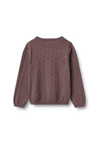 Suéter marrón de punto con mangas largas y pequeño patrón de ojales punteados, cuello redondo, puños y dobladillo acanalados, mostrado desde atrás.