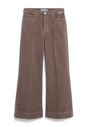 Braune weite Cordhosen mit glatter Textur, zwei Fronttaschen und Knopfverschluss. Verfügt über einen sauberen Saum und eine entspannte Passform.