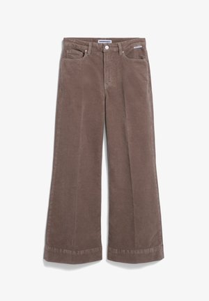 Braune weite Cordhosen mit glatter Textur, zwei Fronttaschen und Knopfverschluss. Verfügt über einen sauberen Saum und eine entspannte Passform.