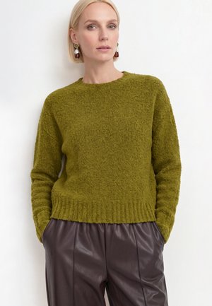 Frau trägt olivgrünen strukturierten Pullover und dunkelbraune Lederhose, steht mit Händen in den Taschen vor weißem Hintergrund.