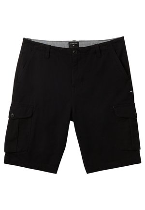Pantaloni cargo neri con chiusura a bottone, dotati di tasche frontali e due tasche laterali. Realizzati in tessuto resistente con una vestibilità dritta.