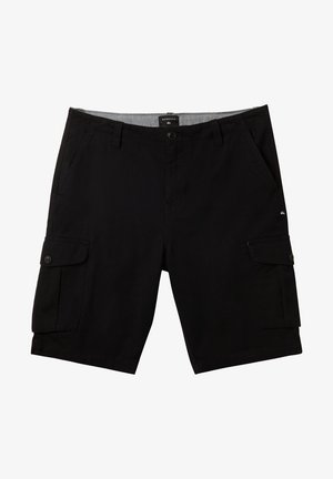 Černé cargo šortky s knoflíkovým zapínáním, které mají přední kapsy a dvě boční cargo kapsy. Vyrobené z odolné tkaniny s rovný střih.