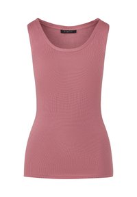 Pink ribbed tank top with a round neckline, sleeveless design, and a fitted silhouette. Label reads "bugatti." Smooth texture.