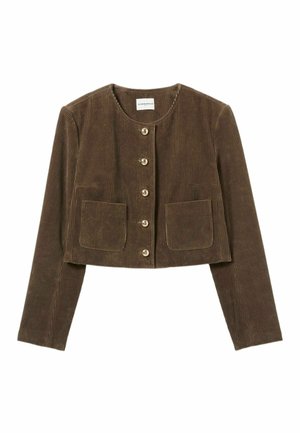 Giacca cropped in velluto a coste marrone con scollatura rotonda, maniche lunghe, chiusura frontale con bottoni e due tasche a toppa.