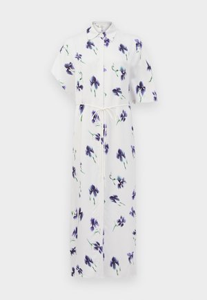 Vestido midi blanco con mangas cortas, estampado floral púrpura, botones en la parte delantera, cuello puntiagudo y un delgado cinturón atado en la cintura.