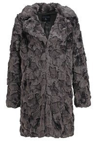Manteau en fausse fourrure gris foncé à manches longues avec motif texturé, col large et longueur mi-cuisse par Dorothy Perkins, taille 8 UK.