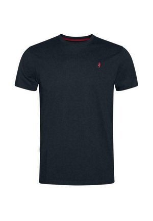 Marineblaue Baumwoll-T-Shirt mit Rundhalsausschnitt, kurzen Ärmeln und einem kleinen roten Logo auf der linken Brust. Glatte Textur und klassischer Schnitt.