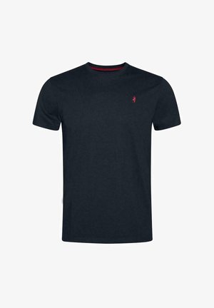 Marineblaue Baumwoll-T-Shirt mit Rundhalsausschnitt, kurzen Ärmeln und einem kleinen roten Logo auf der linken Brust. Glatte Textur und klassischer Schnitt.