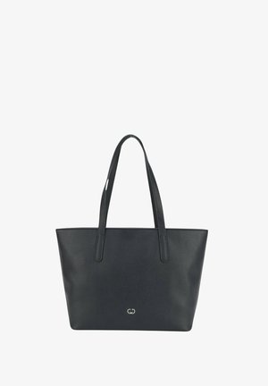 Svart läder tote-väska med dubbla handtag, rektangulär form och texturerad yta. Har en diskret logotyp framtill.