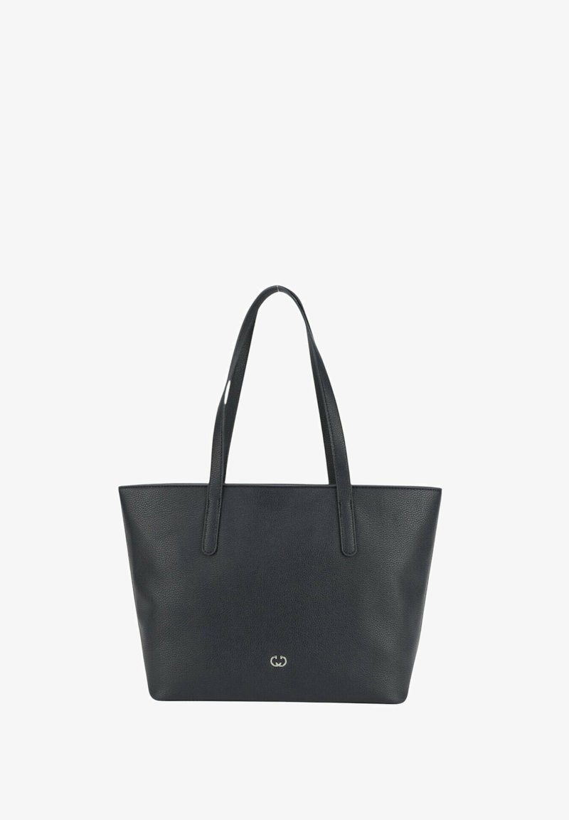Black leather tote bag with dual handles, rectangular shape, and textured finish. Features a subtle logo at the front.