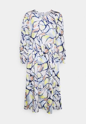 Midi-jurk met lange mouwen en abstract bloemenprint in blauw, geel, beige en wit, met een taille en manchetten die zijn geplooid.