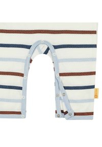Tejido a rayas en blanco, azul, naranja y azul oscuro, con una sección recortada, borde azul y botones a presión para un cierre seguro.