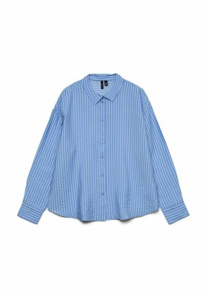 Chemise bleue à manches longues avec boutons, rayures verticales blanches, col classique et poignets boutonnés, étalée à plat sur un fond blanc.