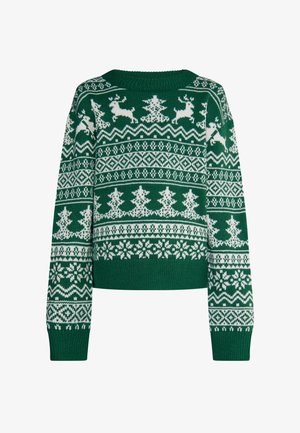 Zöld kötött pulóver fehér fair isle mintával, amelyen rénszarvasok, fák és hópelyhek láthatók. Bordázott nyakrésszel és mandzsettákkal, rövidített fazon.