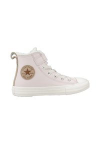 Zapatillas altas de cuero rosa claro con forro de piel blanca, suela de goma blanca y acentos de ante beige que presentan un logo de estrella.