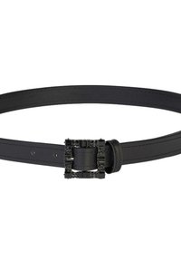 Schwarzer Leder Gürtel mit einer strukturierten, quadratischen Schnalle, die mit klaren und schwarzen Steinen verziert ist. Er hat ein glattes Finish und verstellbare Löcher.