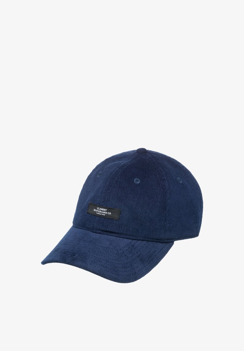 Marine blauwe ribfluwelen honkbalpet met een zwart label met de tekst "Element Skateboard Co." aan de voorkant en luchtventilatie oogjes.