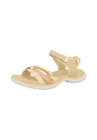 Beige sandaalid, mis on valmistatud sünteetilisest materjalist, kolm reguleeritavat rihma, õrn metalliline aktsent ja tekstureeritud talla külge haakimiseks.