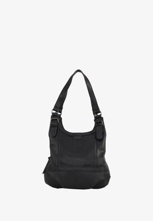 Černá kožená kabelka s texturovaným povrchem, nastavitelného ramenního popruhu, předním logem a zaobleným, uvolněným designem.