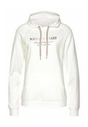 Witte hoodie met een trekkoordkap, voorzien van de tekst "NATURE VIBES" in donkerbruin en lichtbruin, en een voorste kangoeroezak. Zacht materiaal.